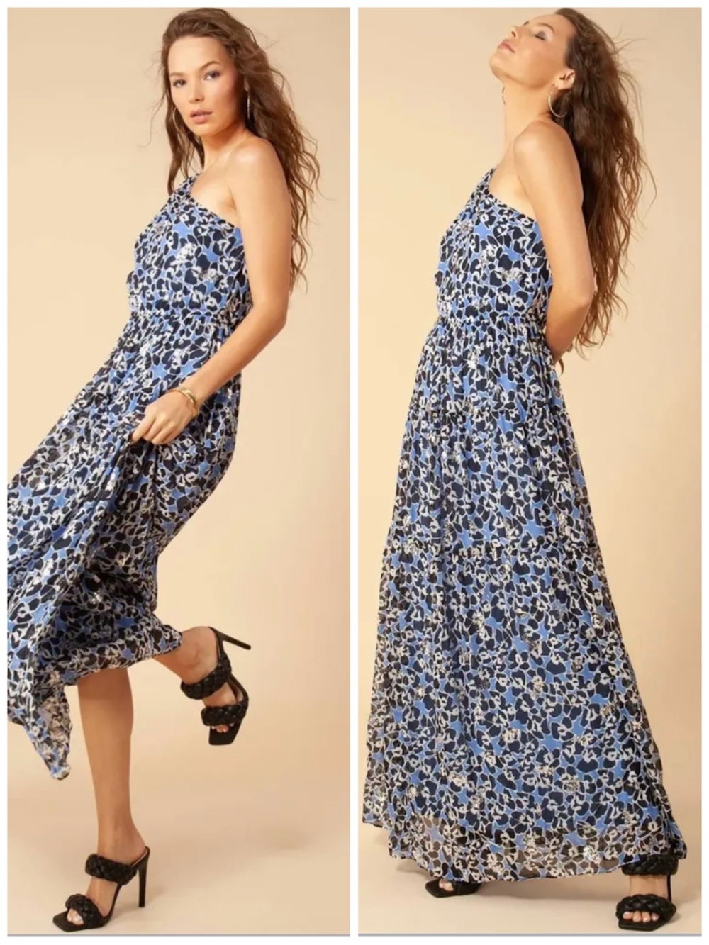 Hale Bob One-Shoulder Blue Floral Maxi Dress, Large